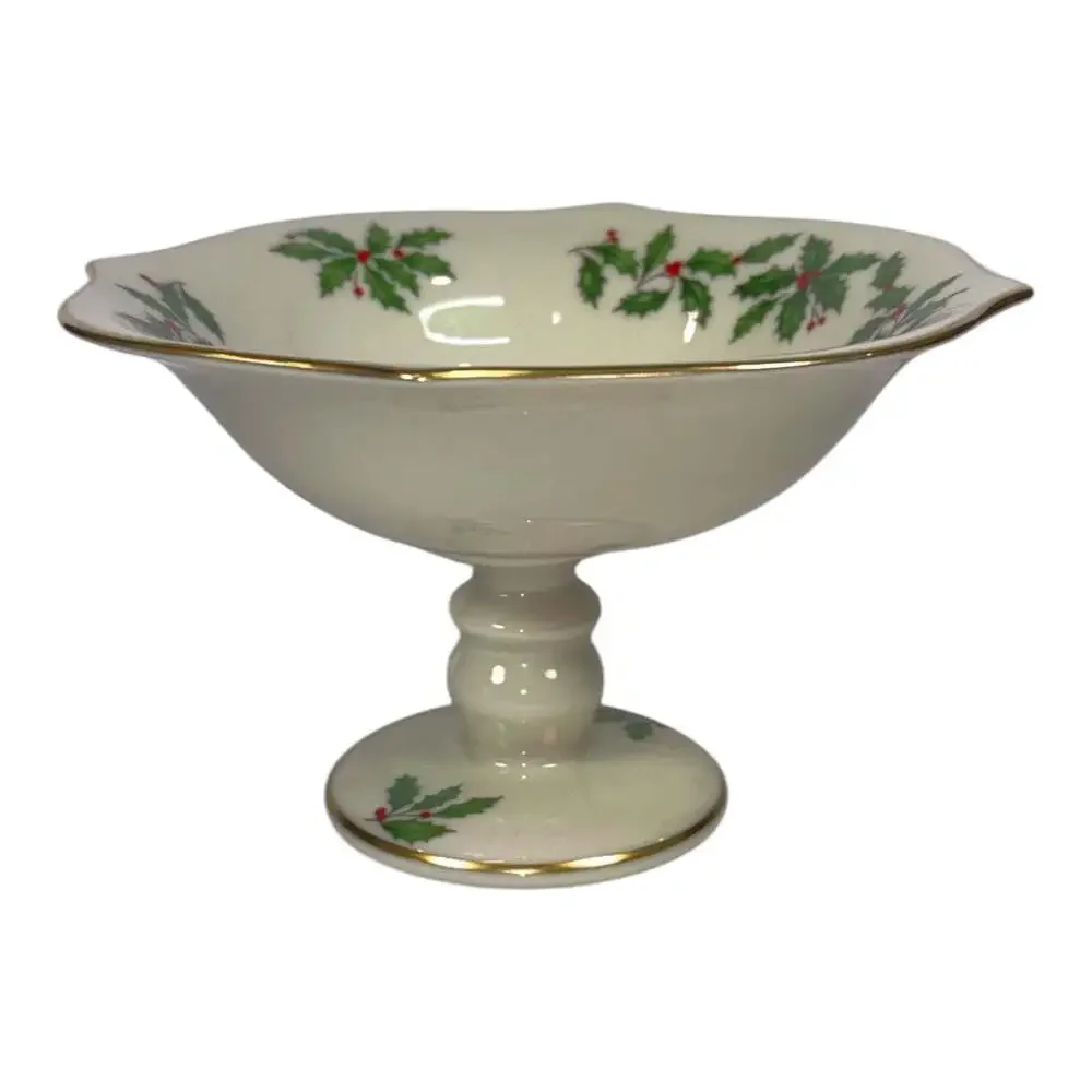 Lenox Holly & Berry Pedestal Holiday Compote Dish Christmas 24K Gold Vintage